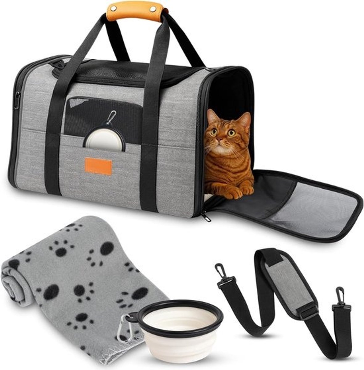 Thijox - Katten- en hondentransportbox voor kleine honden en katten, opvouwbaar, met drinkbak, deken, schouderriem en gevoerde bodem, goedgekeurd voor