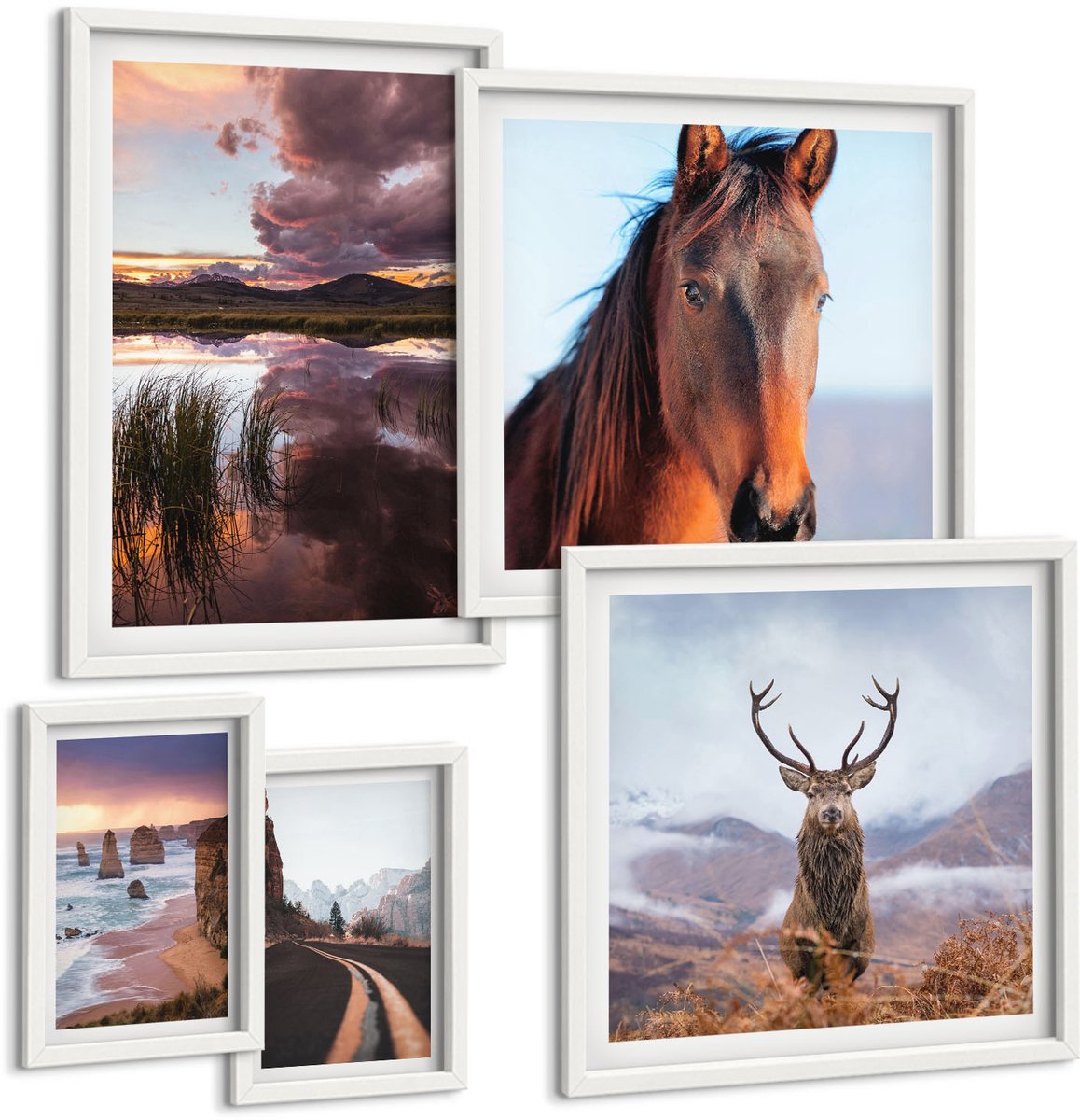 Wallfluent 5-Delige Schilderij Set - De Natuurlijke Schoonheid Van Landschappen En Dieren In De Buitenlucht - 50 x 50 cm, 20 x 30 cm En 40 x 60 cm - Moderne Wanddecoratie - Slaapkamer - Muurdecoratie