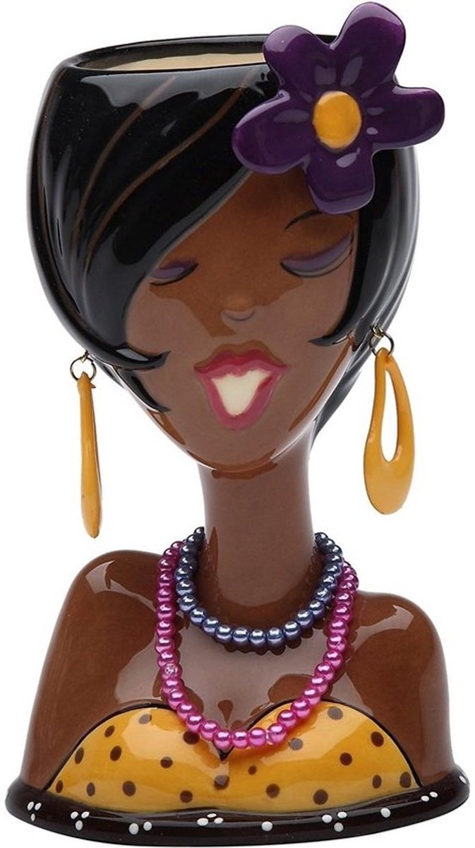 Decoratieve Makeup Houder en Vaas - Zwart Meisje met Paarse Bloem