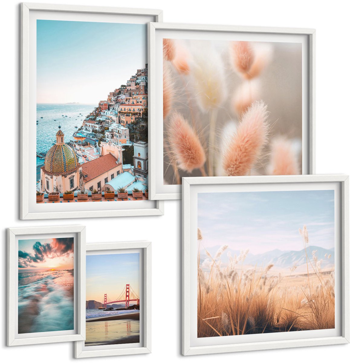 Wallfluent 5-Delige Schilderij Set - Kustlandschappen En Natuurlijke Schoonheid - 50 x 50 cm, 20 x 30 cm En 40 x 60 cm - Decoratieve Schilderijen - Wanddecoratie - Hal - Interieur Decoratie