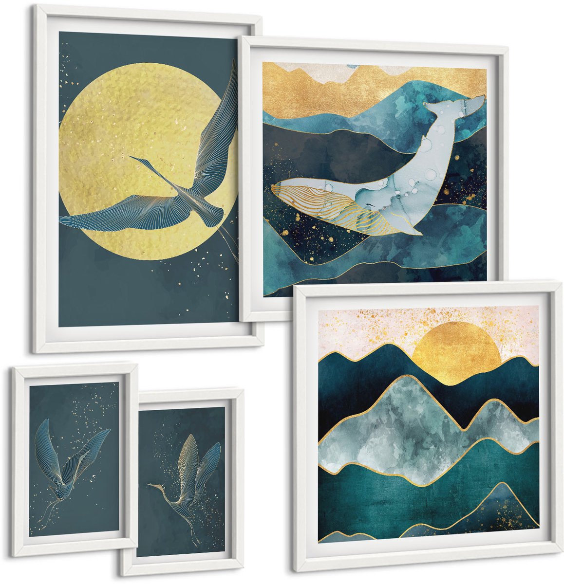 Wallfluent 5-Delige Schilderij Set - Vogels In Vlucht En Berglandschappen In Een Moderne Stijl - 50 x 50 cm, 20 x 30 cm En 40 x 60 cm - Wanddecoratie - Schilderijen Set - Interieur - Moderne Wanddecoratie