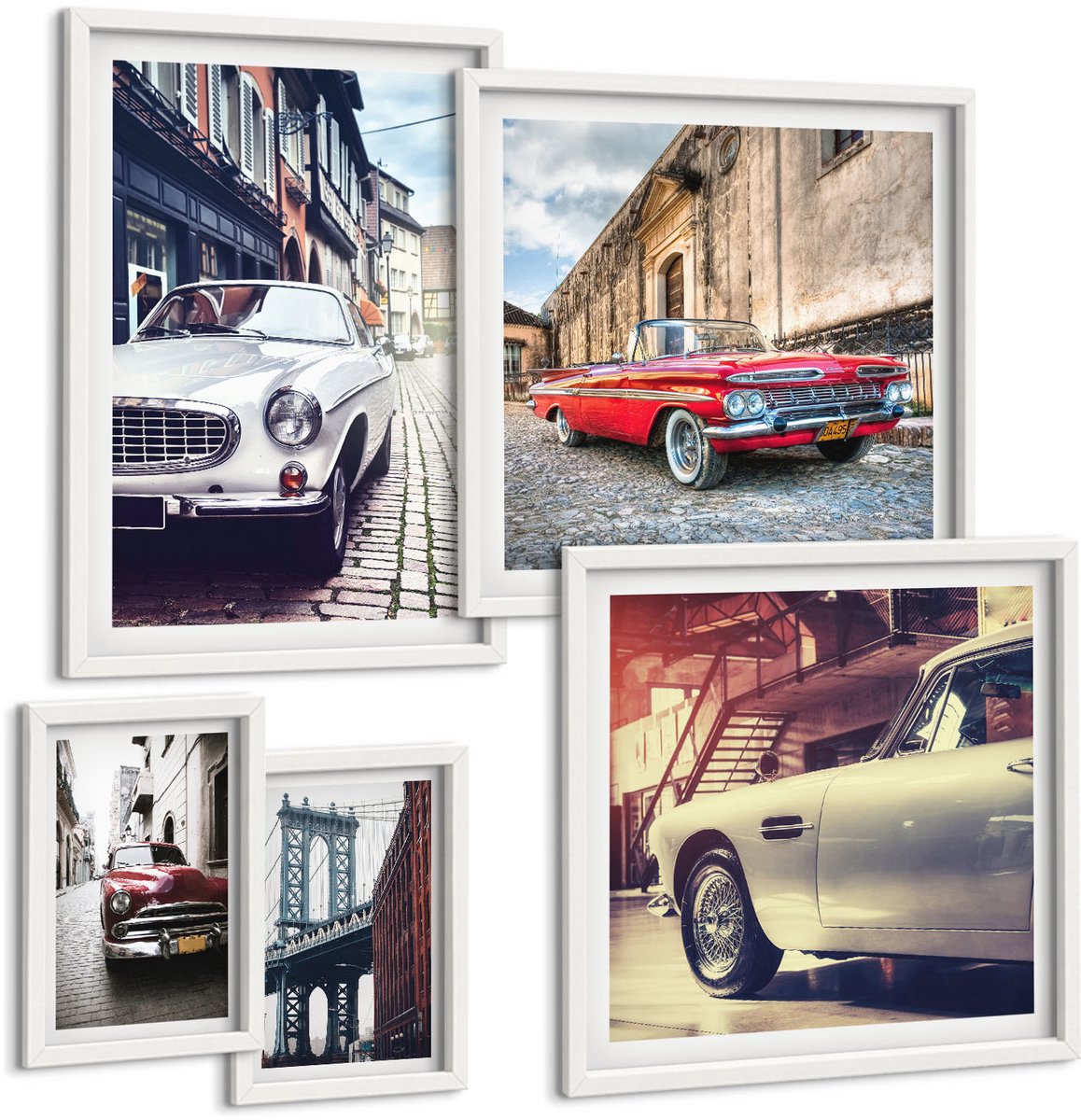 Wallfluent 5-Delige Schilderij Set - Stijlvolle Klassieke Auto'S In Stedelijke Omgevingen - 50 x 50 cm, 20 x 30 cm En 40 x 60 cm - Stijlvolle Muurdecoratie - Slaapkamer - Interieur Decoratie