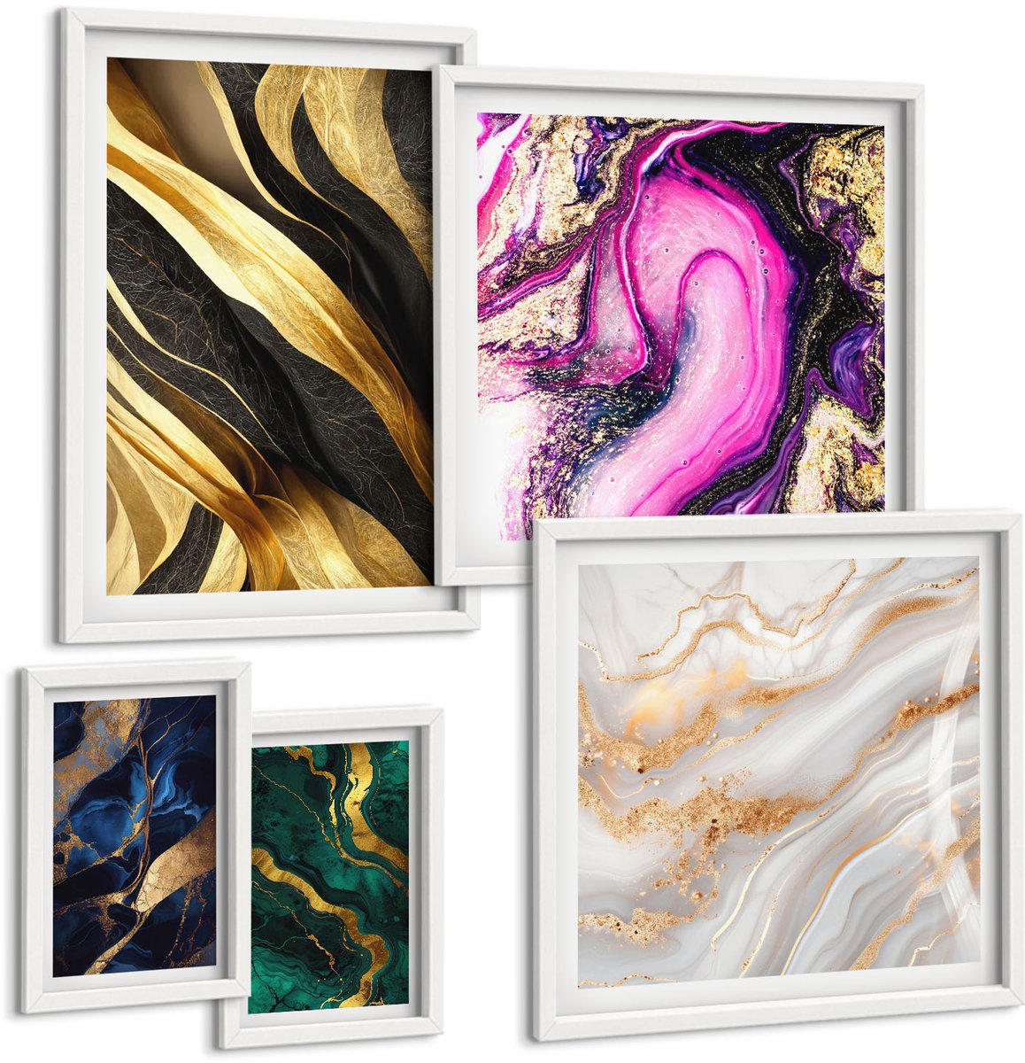 Wallfluent 5-Delige Schilderij Set - Abstracte Patronen In Een Moderne Stijl Met Metallic Accenten - 50 x 50 cm, 20 x 30 cm En 40 x 60 cm - Muurdecoratie - Wanddecoratie - Slaapkamer - Moderne Wanddecoratie