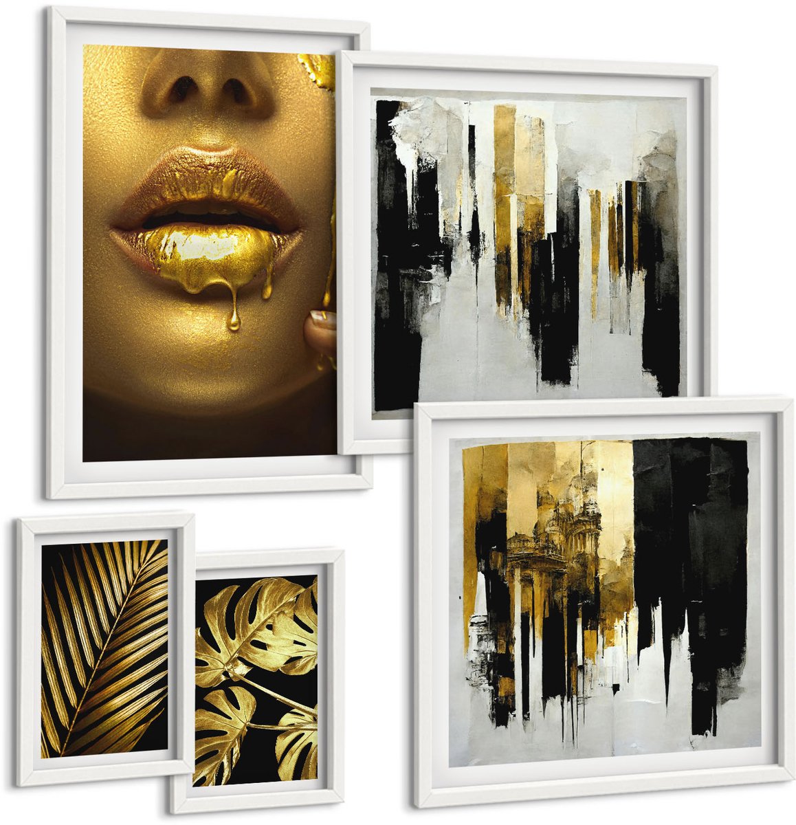 Wallfluent 5-Delige Schilderij Set - Glamourstijl Met Plantmotieven En Menselijke Gezichten - 50 x 50 cm, 20 x 30 cm En 40 x 60 cm - Muurdecoratie - Wanddecoratie - Hal - Moderne Wanddecoratie