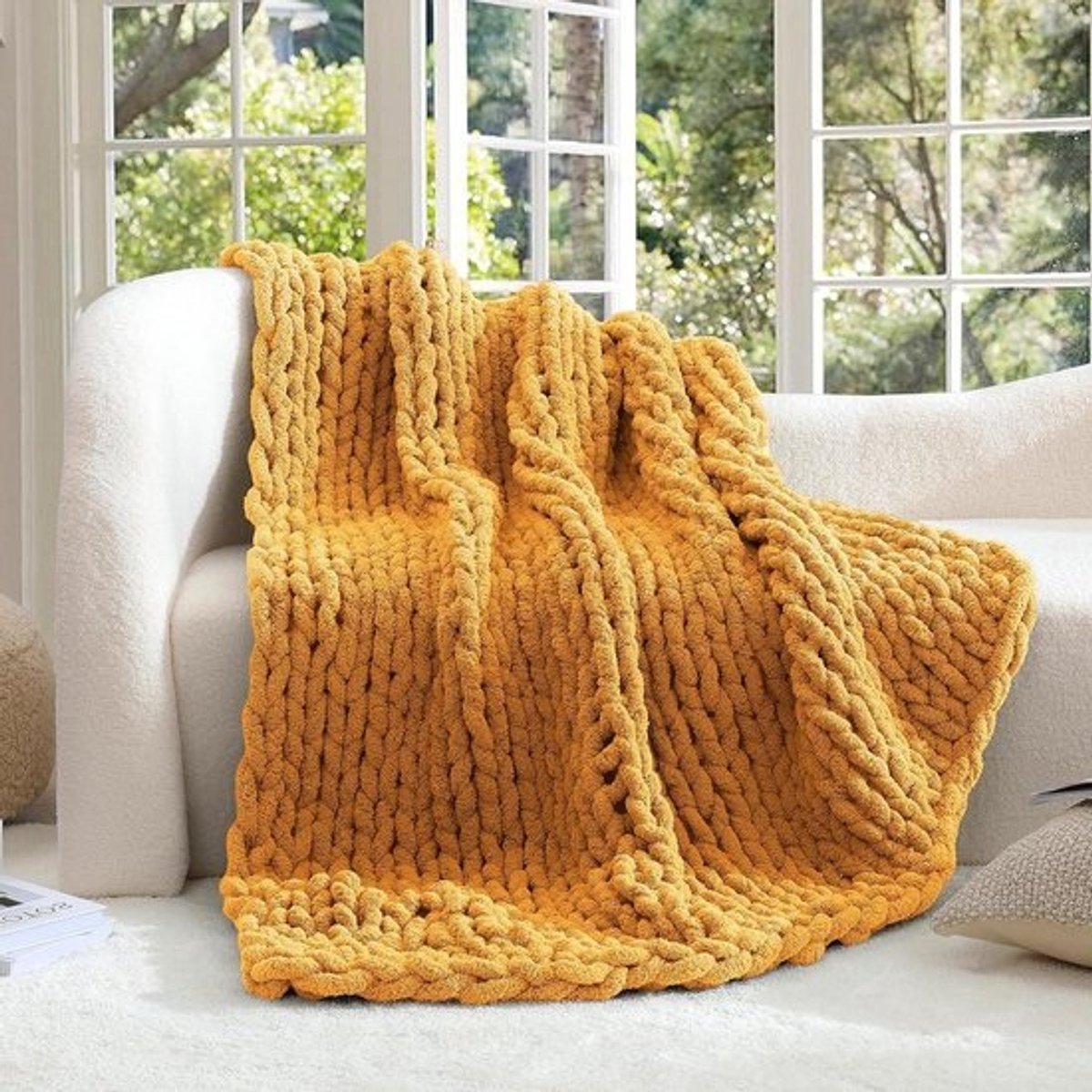 Grof gebreide deken - Plaid deken Handgebreide deken - Woonkamer decoreren - 100% handgemaakt - 127 x 152 cm - Mosterdgeel