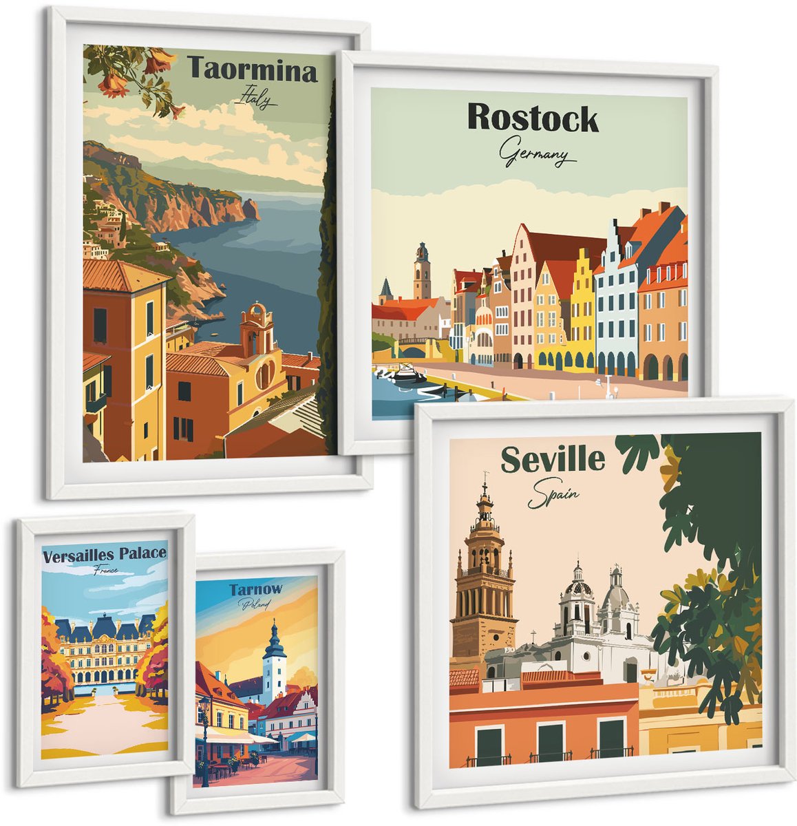 Wallfluent 5-Delige Schilderij Set - Landschappen Van Europese Steden Met Architectonische Iconen - 50 x 50 cm, 20 x 30 cm En 40 x 60 cm - Wanddecoratie - Schilderijen Set - Kantoor
