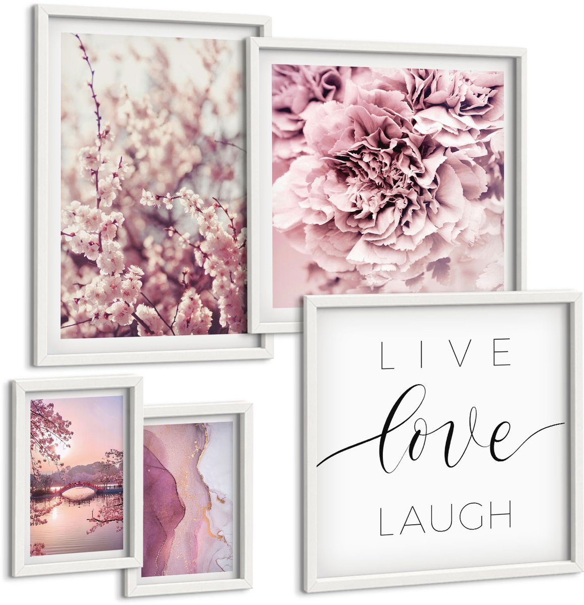 Wallfluent 5-Delige Schilderij Set - Bloemmotieven Met Inspirerende Slogans In Pasteltinten - 50 x 50 cm, 20 x 30 cm En 40 x 60 cm - Muurdecoratie - Decoratieve Schilderijen - Wohnzimmer