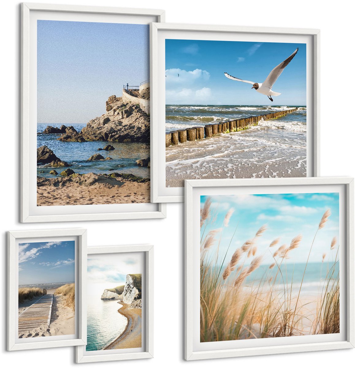 Wallfluent 5-Delige Schilderij Set - Kustlandschappen Met Stranden En Kalm Water - 50 x 50 cm, 20 x 30 cm En 40 x 60 cm - Moderne Wanddecoratie - Woonkamer - Woonkamer Decoratie