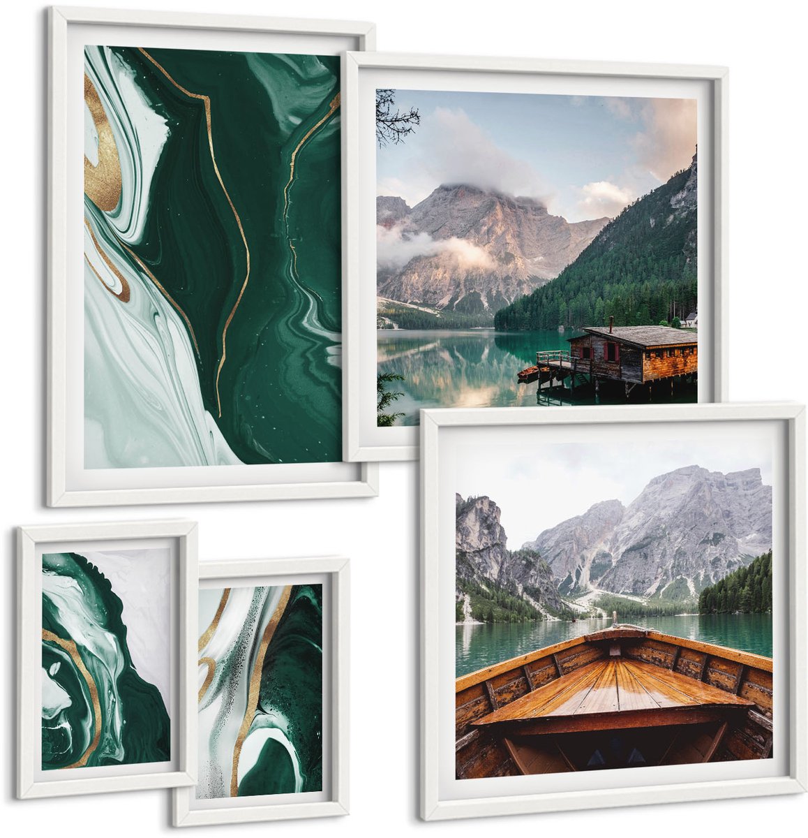 Wallfluent 5-Delige Schilderij Set - Groene Landschappen Met Water En Berglandschap - 50 x 50 cm, 20 x 30 cm En 40 x 60 cm - Muurdecoratie - Interieur Decoratie