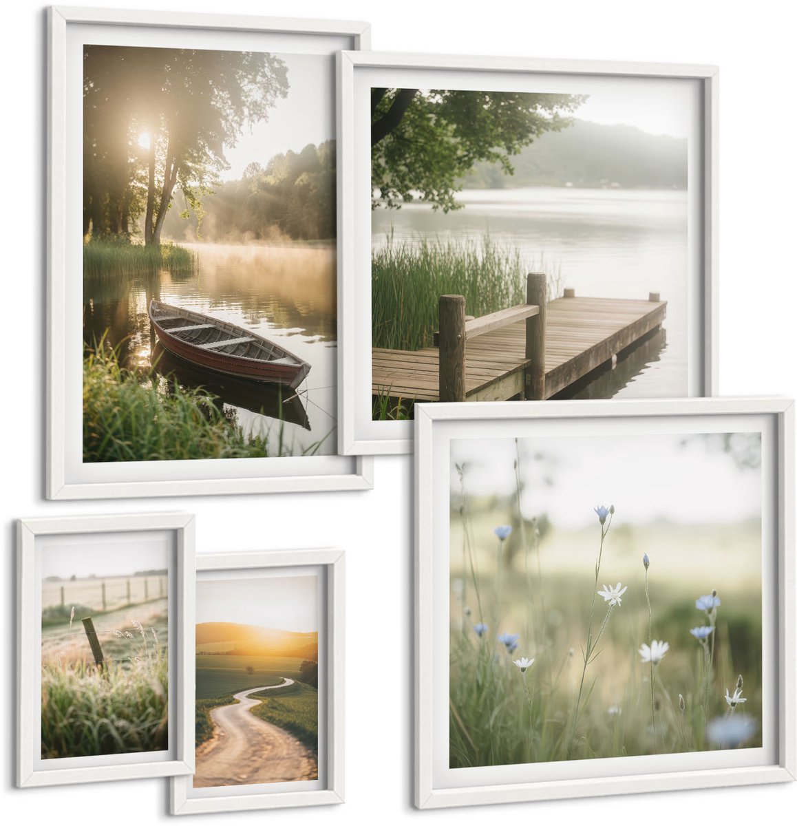 Wallfluent 5-Delige Schilderij Set - Rustgevende Natuurlandschappen Met Water En Groen. - 50 x 50 cm, 20 x 30 cm En 40 x 60 cm - Muurdecoratie - Decoratieve Schilderijen - Wohnzimmer - Woonkamer Decoratie