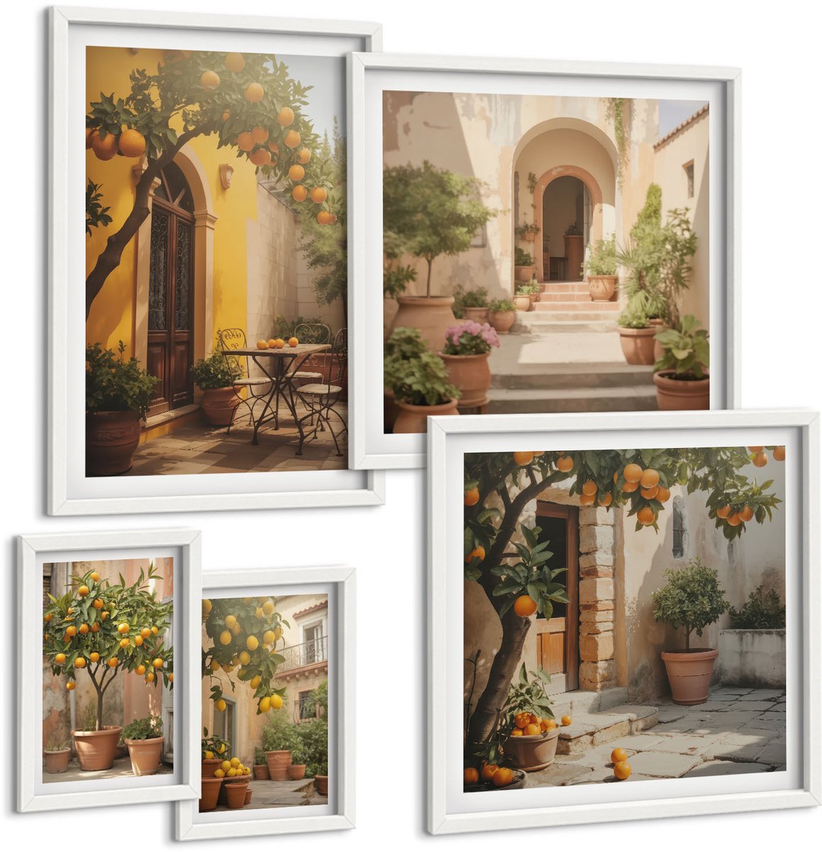 Wallfluent 5-Delige Schilderij Set - Charmante Straatjes Tussen Sinaasappelbomen - 50 x 50 cm, 20 x 30 cm En 40 x 60 cm - Wanddecoratie - Woonkamer Decoratie - Decoratieve Schilderijen