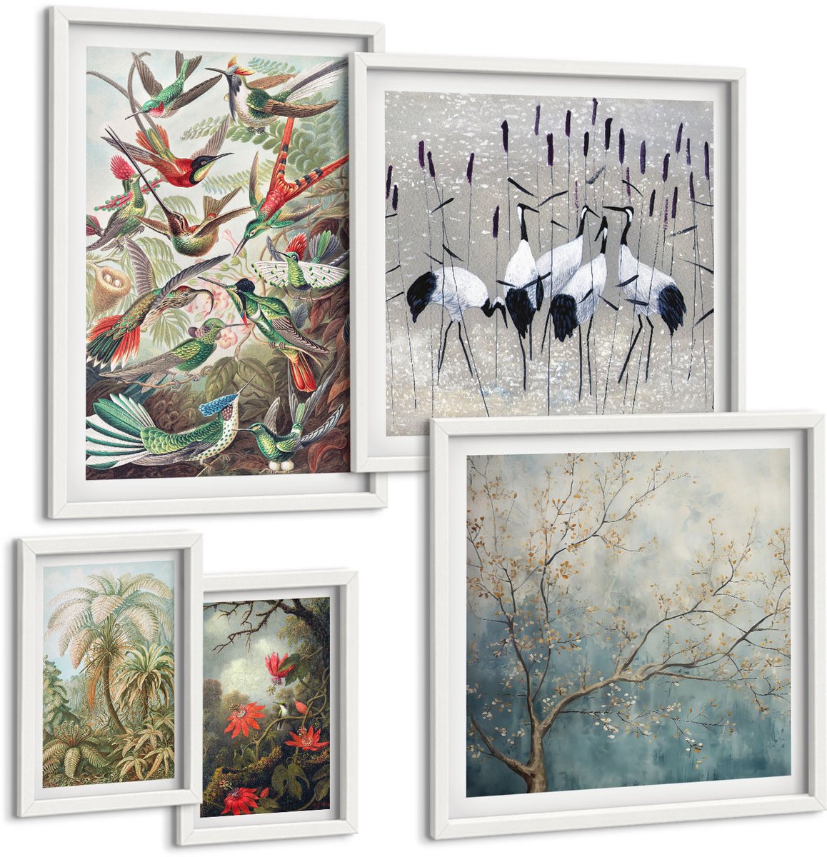 Wallfluent 5-Delige Schilderij Set - Tropische Vogels En Planten In Vintage Stijl - 50 x 50 cm, 20 x 30 cm En 40 x 60 cm - Wanddecoratie - Moderne Interieurdecoratie