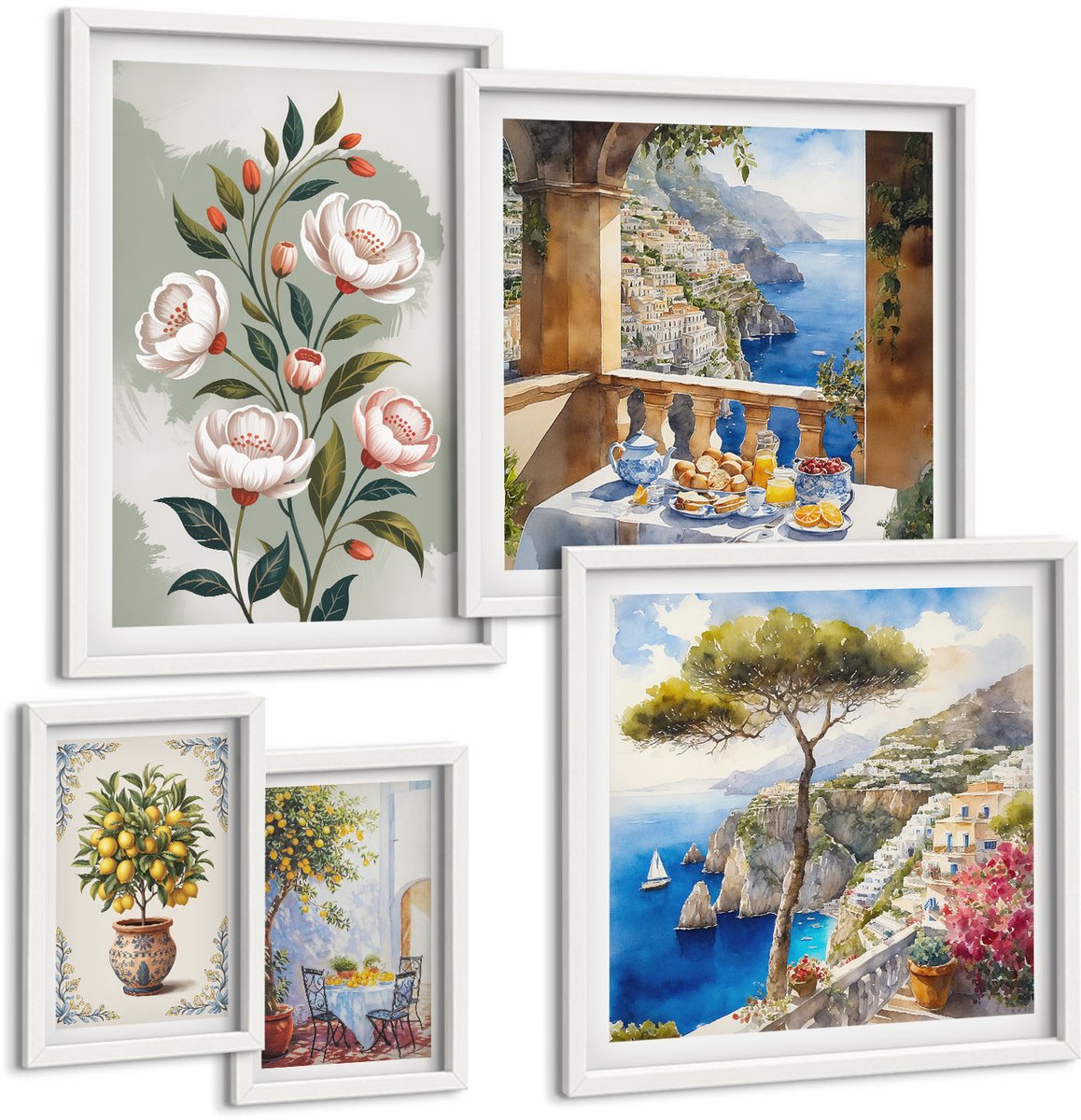 Wallfluent 5-Delige Schilderij Set - Bloemmotieven En Pittoreske Landschappen - 50 x 50 cm, 20 x 30 cm En 40 x 60 cm - Decoratieve Schilderijen - Woonkamer - Interieur - Muurdecoratie