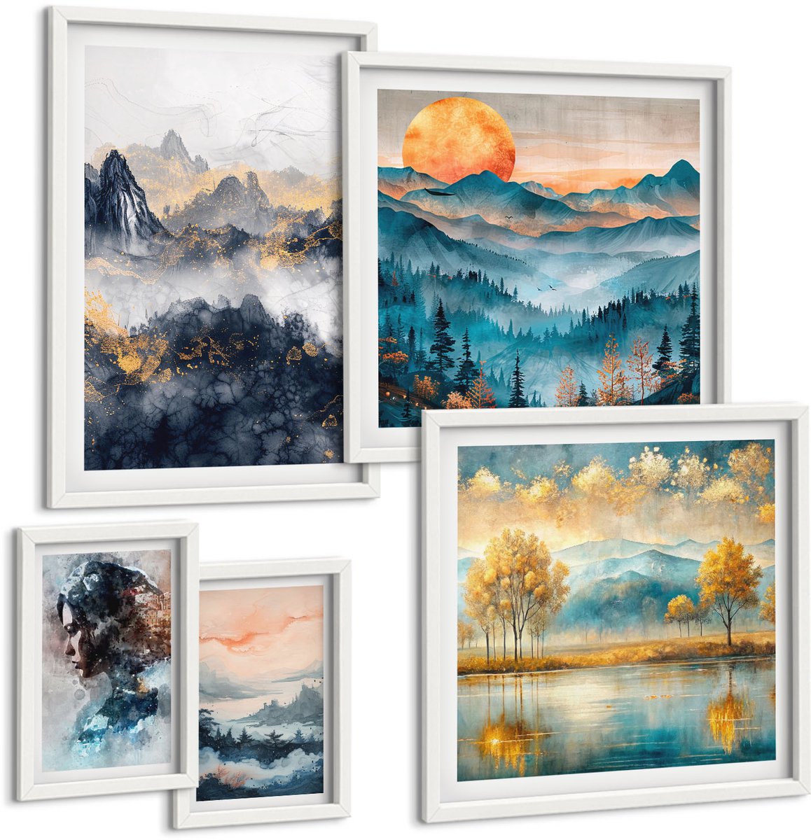 Wallfluent 5-Delige Schilderij Set - Berglandschappen Met Portretten En Natuurfoto'S - 50 x 50 cm, 20 x 30 cm En 40 x 60 cm - Stijlvolle Wanddecoratie - Interieur - Woonkamer Decoratie