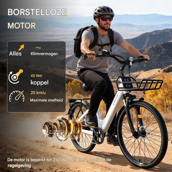 Elektrische Fiets 28 Inch - 36V 15.6AH Accu - Actieradius Tot 100 Km - 28×1.5 Inch Wielen- Aluminium Lage Instapframe -Shimano 7 Versnellingen - Mechanische Schijfremmen - LCD Display - Elektrische Stadsfiets - Wit — afbeelding 4