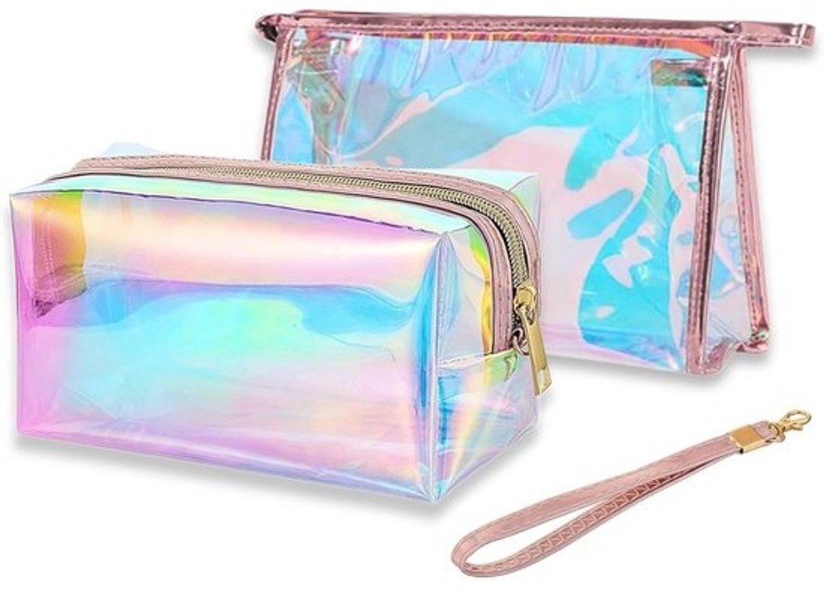 Holografische Make-uptassen Set van 2 - Iriserende Toilettassen voor Vrouwen - Waterdichte Reis Make-up Organizers
