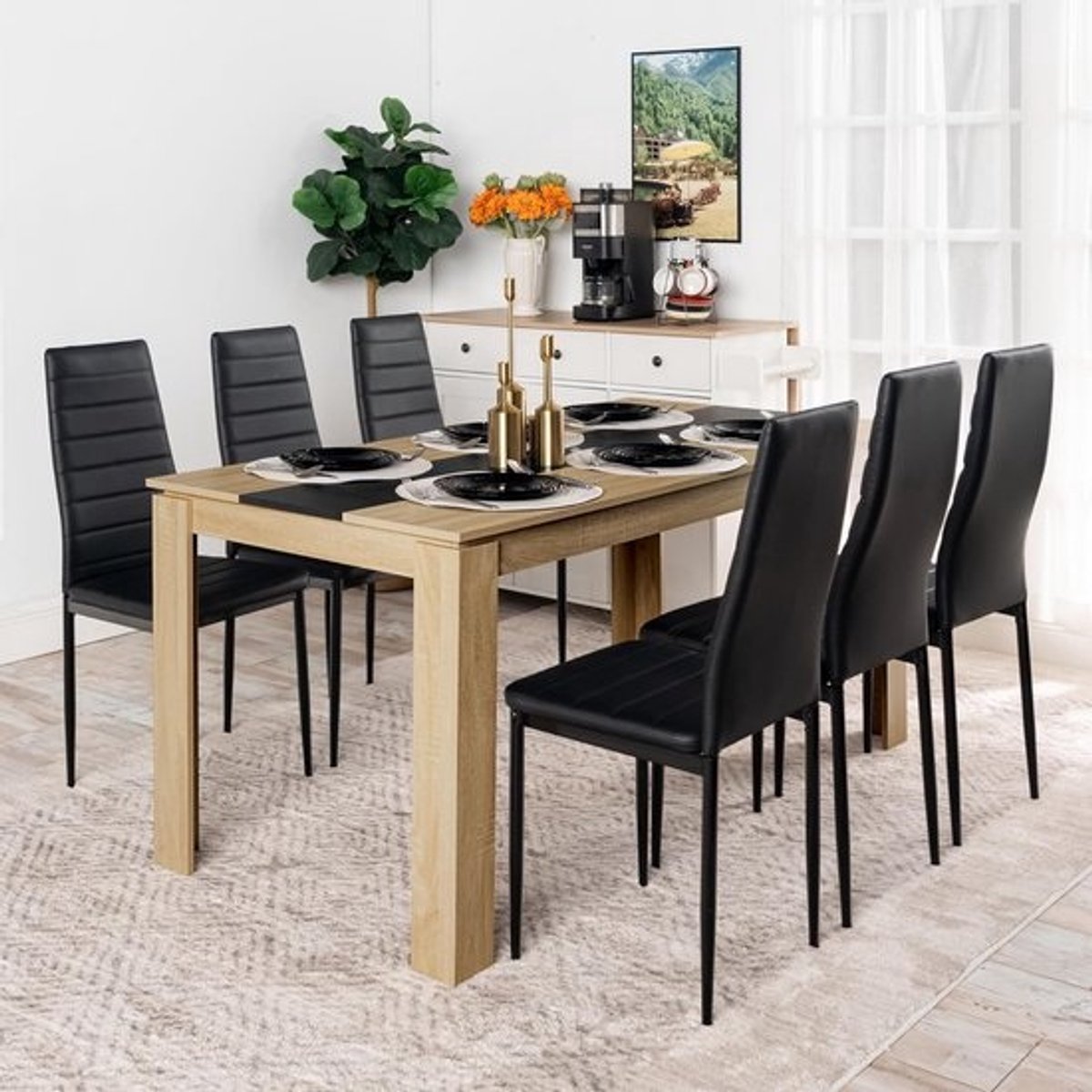 Eetkamerset 6 personen - Eettafel met stoelen - Gezellig tafelen - Kunstleren stoelen - 160 x 80 cm - Eiken zwart