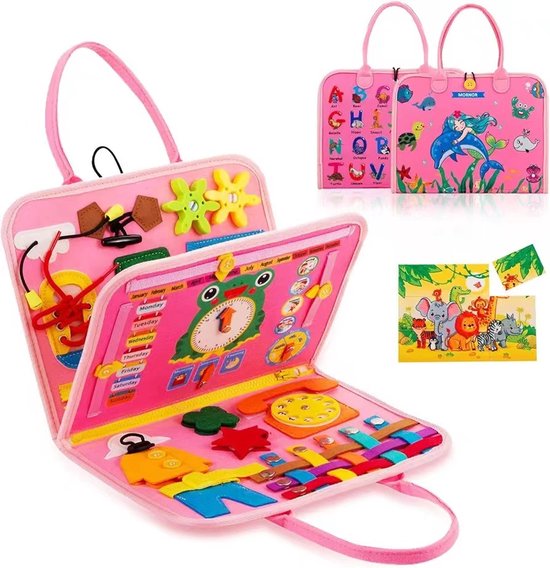 Montessori Activiteitenboek Zeemeermin, Voel‑en‑doek Busy Board Boek - Leer veter strikken en klok lezen - Draagbaar Educatief Speelgoed Voor Kinderen - Perfect Voor Thuis en Op Vakantie - Roze — afbeelding 3