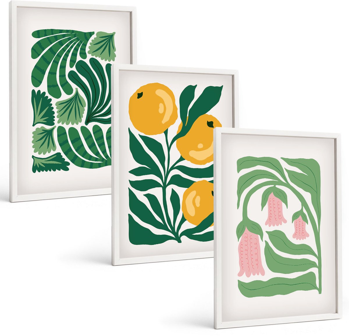 Wallfluent 3-Delige Schilderij Set - Minimalistische Plantpatronen Met Vruchten En Bladeren - 40 x 60 - Wanddecoratie - Schilderijen Set - Kantoor - Muurdecoratie