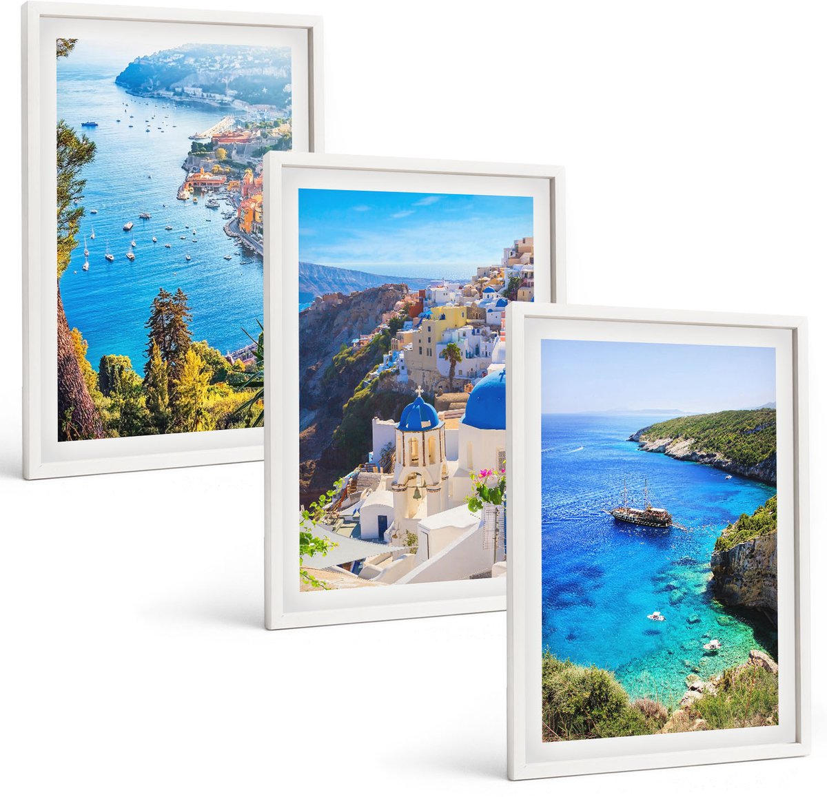Wallfluent 3-Delige Schilderij Set - Uitzicht Op De Griekse Kust En Het Stadje Oia Op Santorini - 40 x 60 - Muurdecoratie - Wanddecoratie - Hal - Woonkamer Decoratie