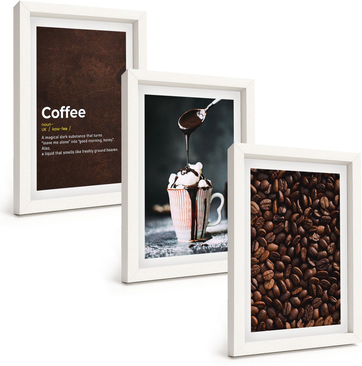 Wallfluent 3-Delige Schilderij Set - Definitie Van Een Drankje Met Slagroom En Koffiebonen - 20 x 30 - Moderne Wanddecoratie - Woonkamer - Stijlvolle Muurdecoratie