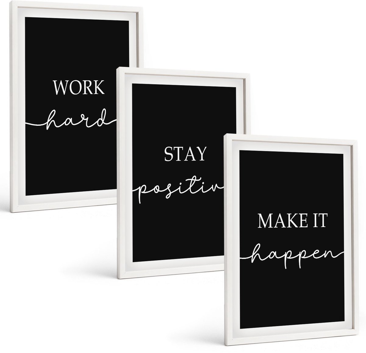 Wallfluent 3-Delige Schilderij Set - Elegante, Motiverende Slogans Op Een Zwarte Achtergrond - 40 x 60 - Muurdecoratie - Decoratieve Schilderijen - Wohnzimmer - Wanddecoratie