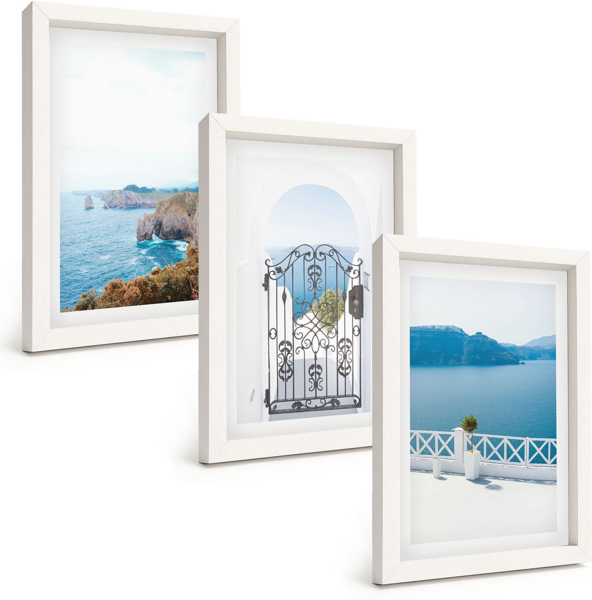 Wallfluent 3-Delige Schilderij Set - Zeezicht Met Griekse Architectuur - 20 x 30 - Muurdecoratie - Decoratieve Schilderijen - Wohnzimmer - Woonkamer Decoratie