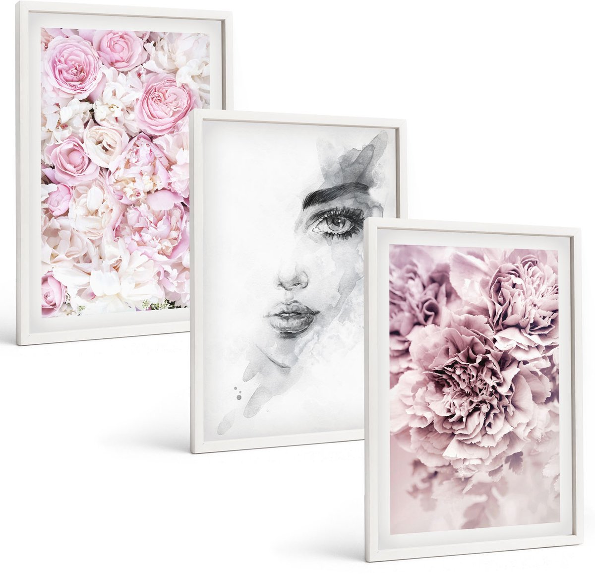Wallfluent 3-Delige Schilderij Set - Delicate Peonies Zwart-Wit Portret Van Een Vrouw - 40 x 60 - Wanddecoratie - Muurdecoratie - Moderne Interieurdecoratie