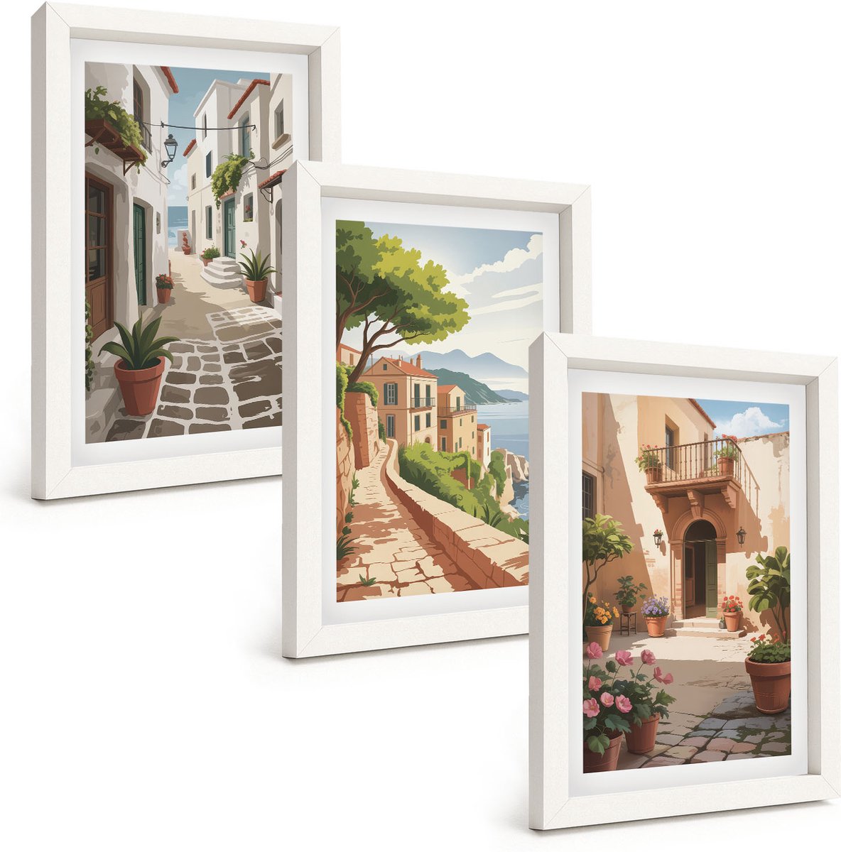 Wallfluent 3-Delige Schilderij Set - Schilderachtige Straatjes Met Huizen En Potplanten. - 20 x 30 - Wanddecoratie - Moderne Interieurdecoratie - Woonkamer Decoratie