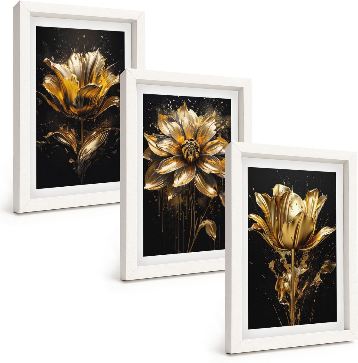 Wallfluent 3-Delige Schilderij Set - Bloemen In Verschillende Tinten Geel Op Een Donkere Achtergrond - 20 x 30 - Muurdecoratie - Interieur Decoratie