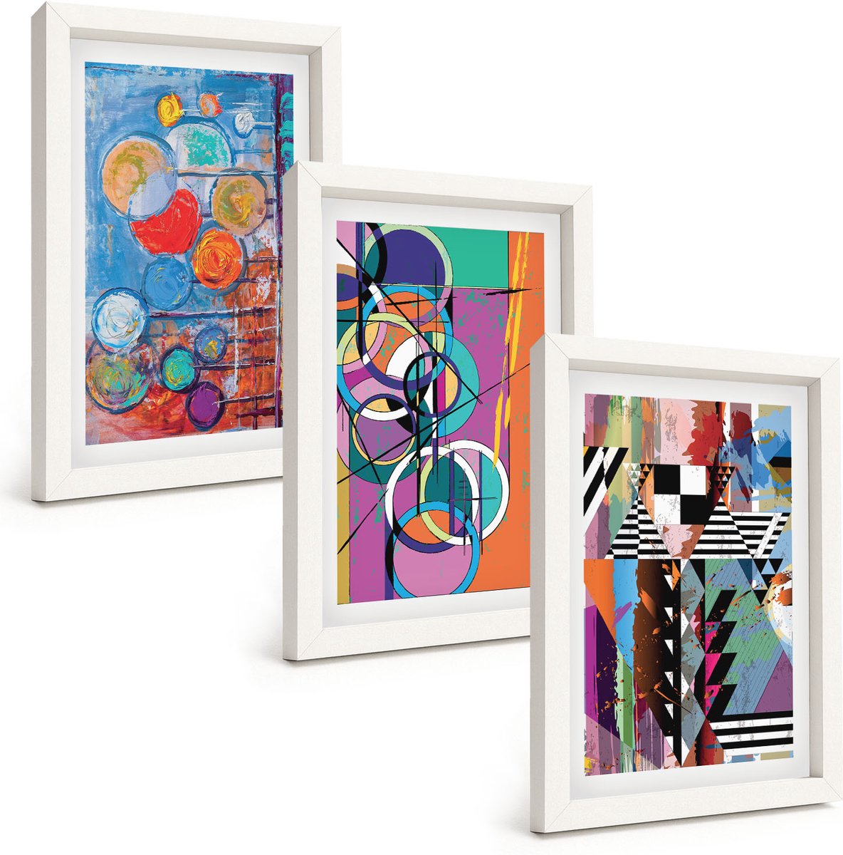 Wallfluent 3-Delige Schilderij Set - Kleurrijke Abstracties Met Cirkels En Geometrische Patronen - 20 x 30 - Wanddecoratie - Moderne Interieurdecoratie - Moderne Wanddecoratie