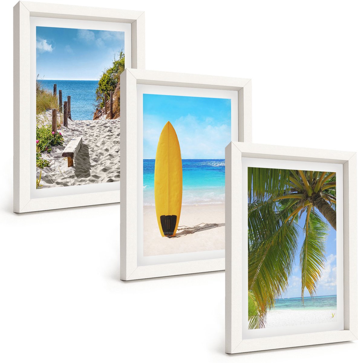 Wallfluent 3-Delige Schilderij Set - Vakantiegezichten, Strandgolven En Palmbomen In De Tropen - 20 x 30 - Wanddecoratie - Schilderijen Set - Interieur