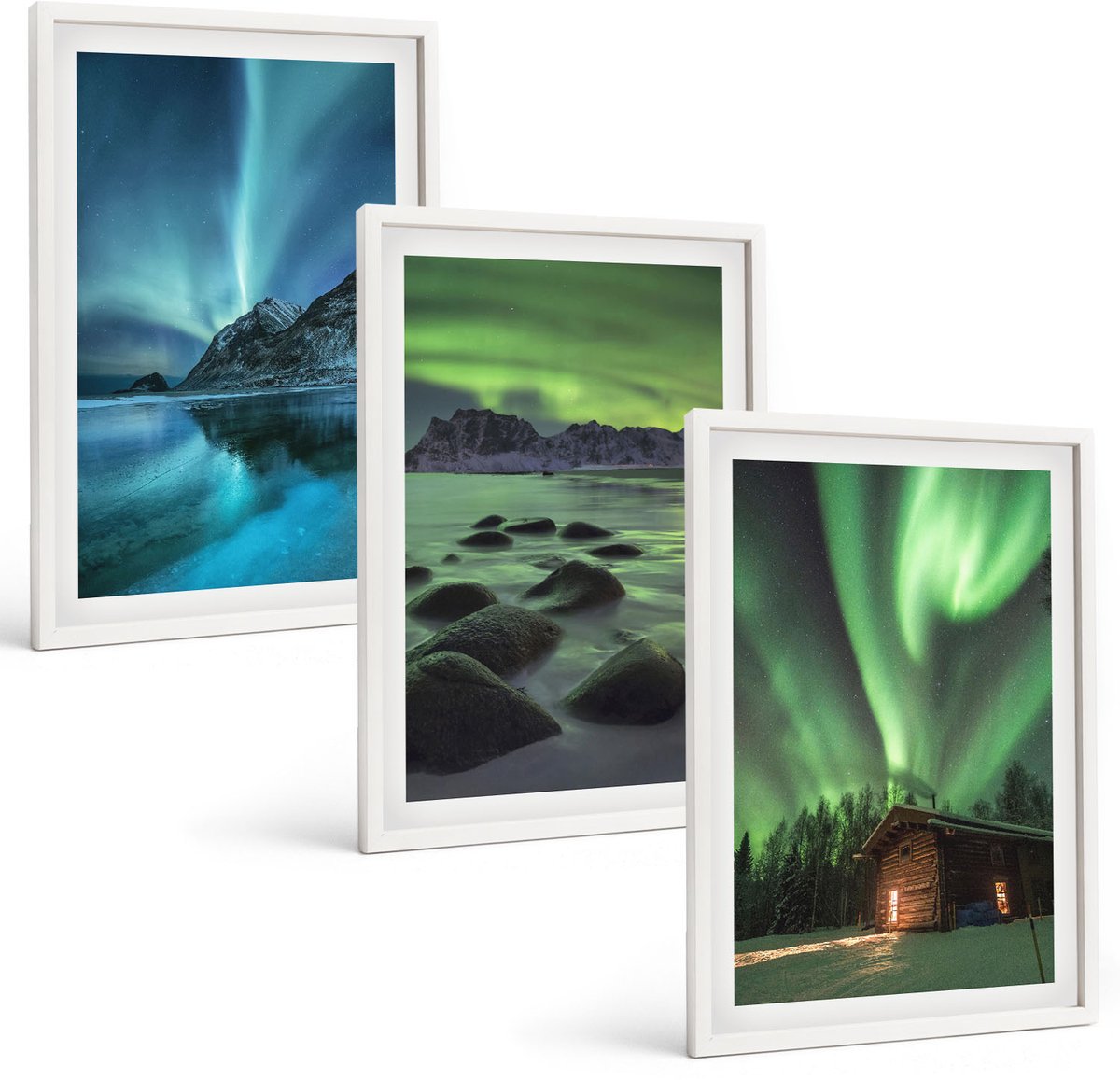 Wallfluent 3-Delige Schilderij Set - Winterlandschappen Met Het Noorderlicht Boven De Bergen - 40 x 60 - Wanddecoratie - Schilderijen Set - Kantoor