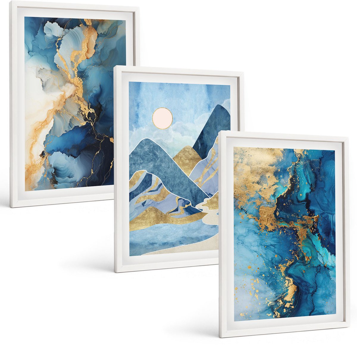 Wallfluent 3-Delige Schilderij Set - Abstracte Marmeren Beelden Uit De Blauwe Bergen - 40 x 60 - Stijlvolle Wanddecoratie - Interieur - Stijlvolle Muurdecoratie