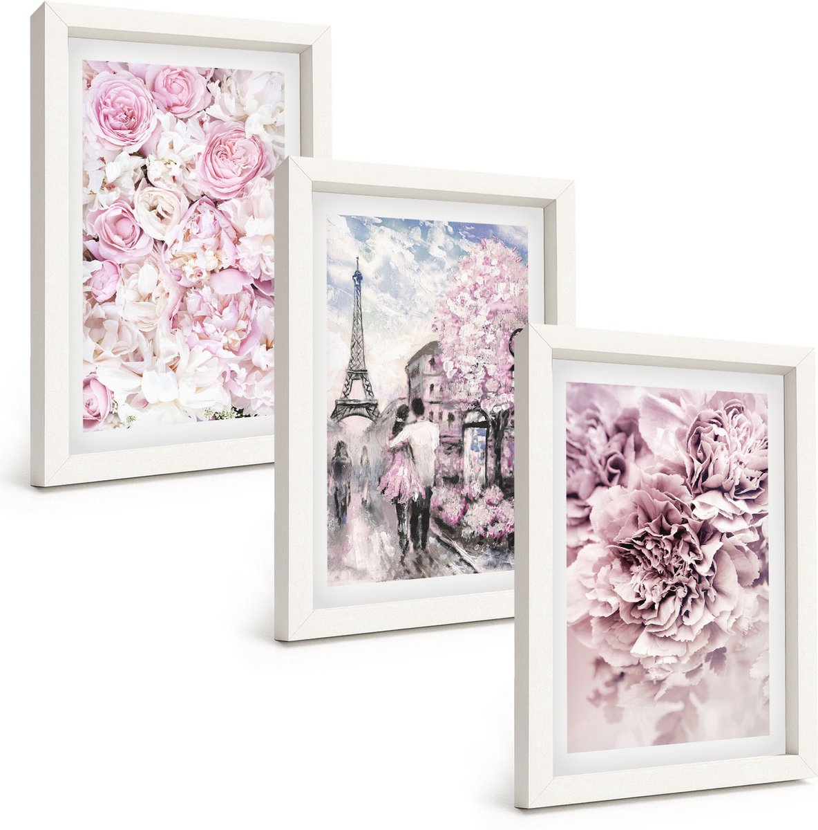 Wallfluent 3-Delige Schilderij Set - Bloemen In Verschillende Tinten Roze, Romantisch Landschap - 20 x 30 - Muurdecoratie - Wanddecoratie - Slaapkamer - Decoratieve Schilderijen