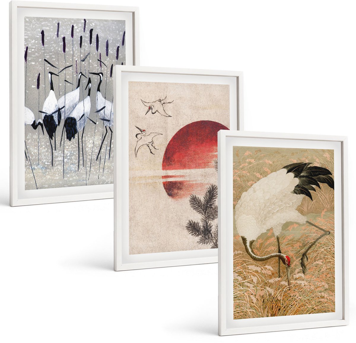 Wallfluent 3-Delige Schilderij Set - Illustraties Van Japanse Kraanvogels Japandi Landschap - 40 x 60 - Muurdecoratie - Wanddecoratie - Hal