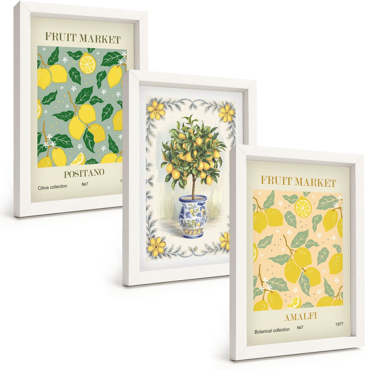 Wallfluent 3-Delige Schilderij Set - Italiaanse Posters Met Citrusbomen En Fruit - 20 x 30 - Schilderijen Set - Wanddecoratie - Woonkamer