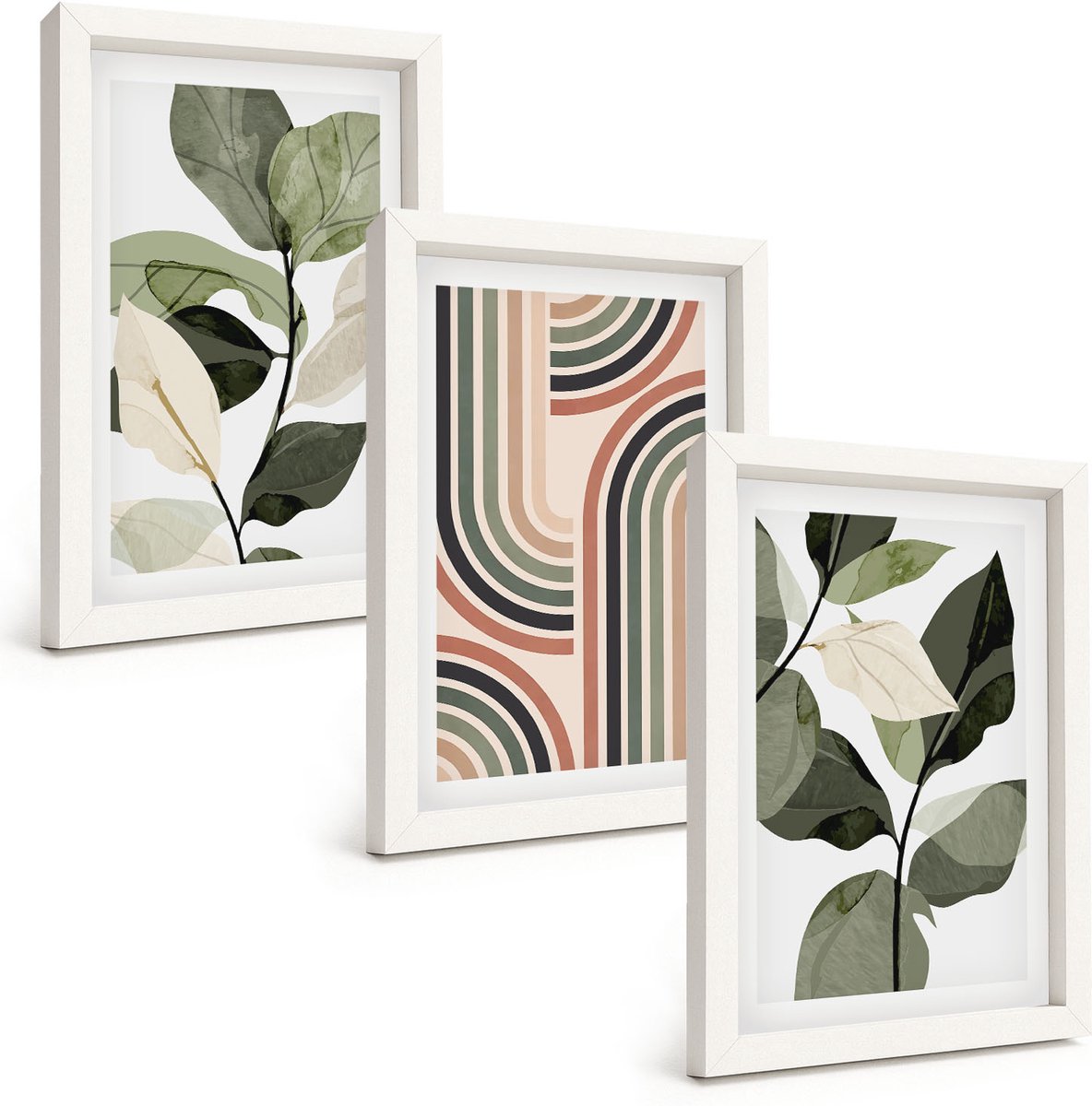Wallfluent 3-Delige Schilderij Set - Plantmotieven Met Geometrische Patronen In Groene Tinten - 20 x 30 - Wanddecoratie - Moderne Interieurdecoratie