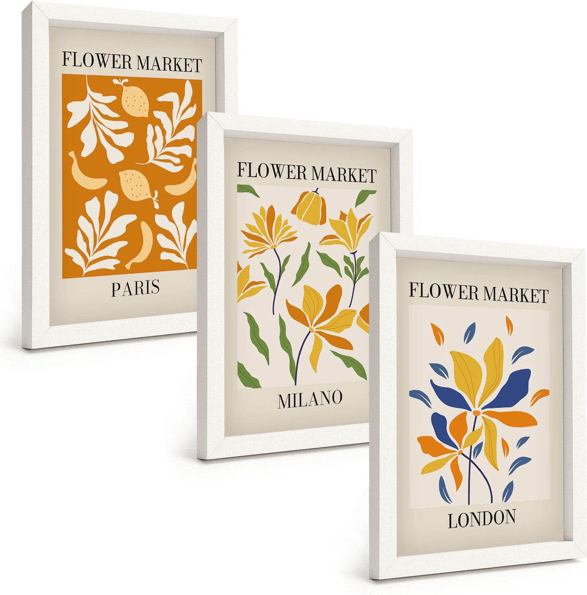 Wallfluent 3-Delige Schilderij Set - Bloemenposters Parijs Milaan Londen - 20 x 30 - Stijlvolle Wanddecoratie - Interieur