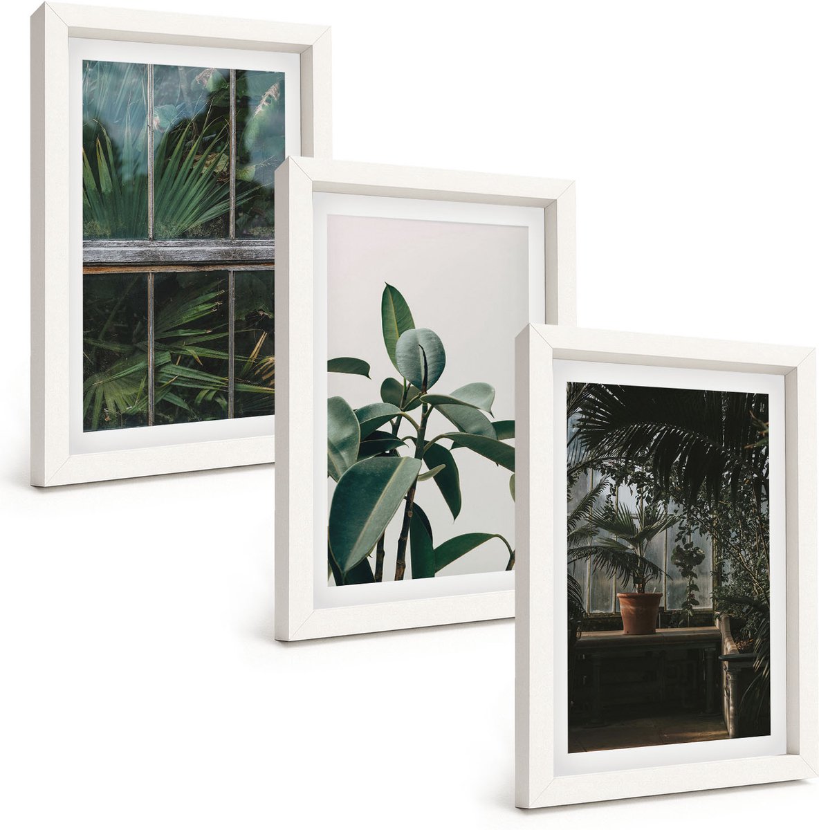 Wallfluent 3-Delige Schilderij Set - Groene Bladeren Op Het Raam En Planten In Het Interieur. - 20 x 30 - Wanddecoratie - Muurdecoratie - Moderne Interieurdecoratie