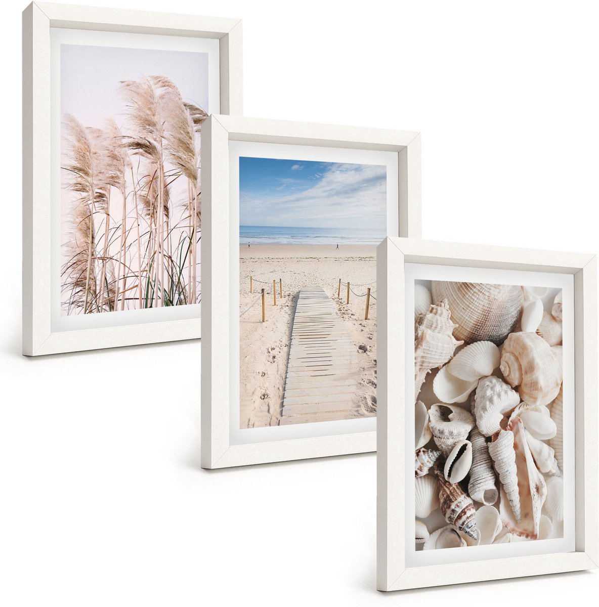 Wallfluent 3-Delige Schilderij Set - Zandstrand Met Schelpen En Zeegras - 20 x 30 - Wanddecoratie - Schilderijen Set - Interieur - Woonkamer Decoratie