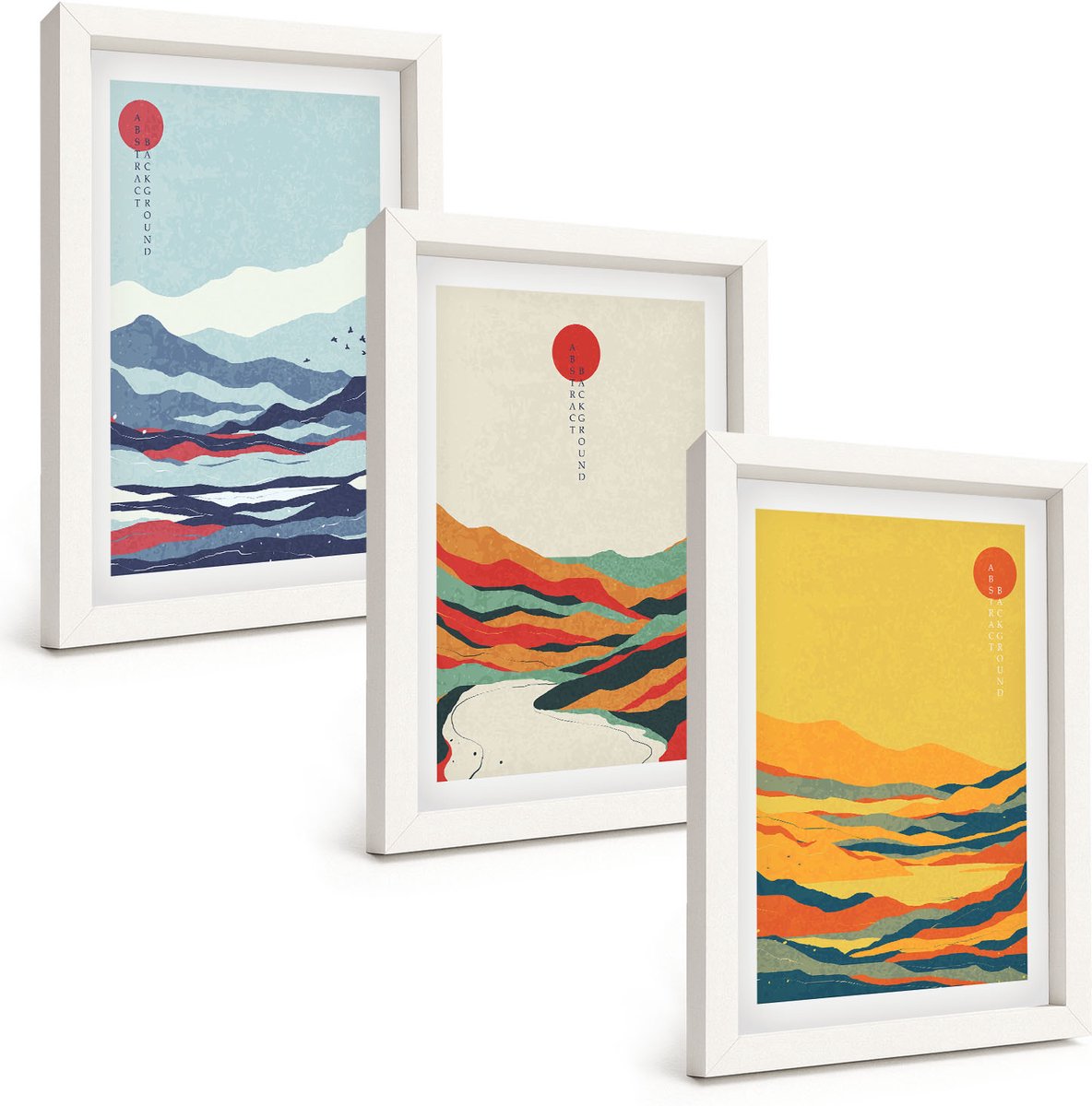 Wallfluent 3-Delige Schilderij Set - Kleurrijke Abstracte Berg- En Rivierlandschappen - 20 x 30 - Stijlvolle Muurdecoratie - Kantoor