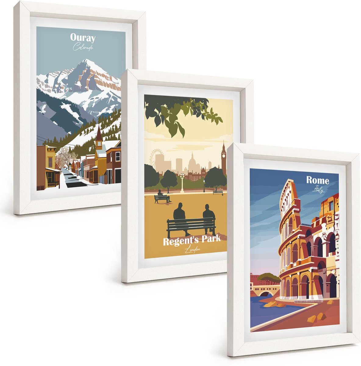 Wallfluent 3-Delige Schilderij Set - Bergen In Ouray Park In Londen, Colosseum In Rome - 20 x 30 - Wanddecoratie - Muurdecoratie - Moderne Interieurdecoratie - Stijlvolle Muurdecoratie