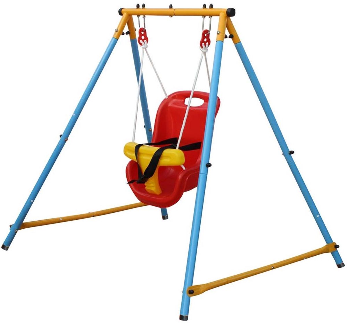 REDOM - Schommelbank - 1-zits baby schommel - Metalen frame - Veiligheidsriem en hoge zijrails - Binnen en buiten - Metaal - Blauw Rood - 121,92 x 101,6 x 111,76 cm