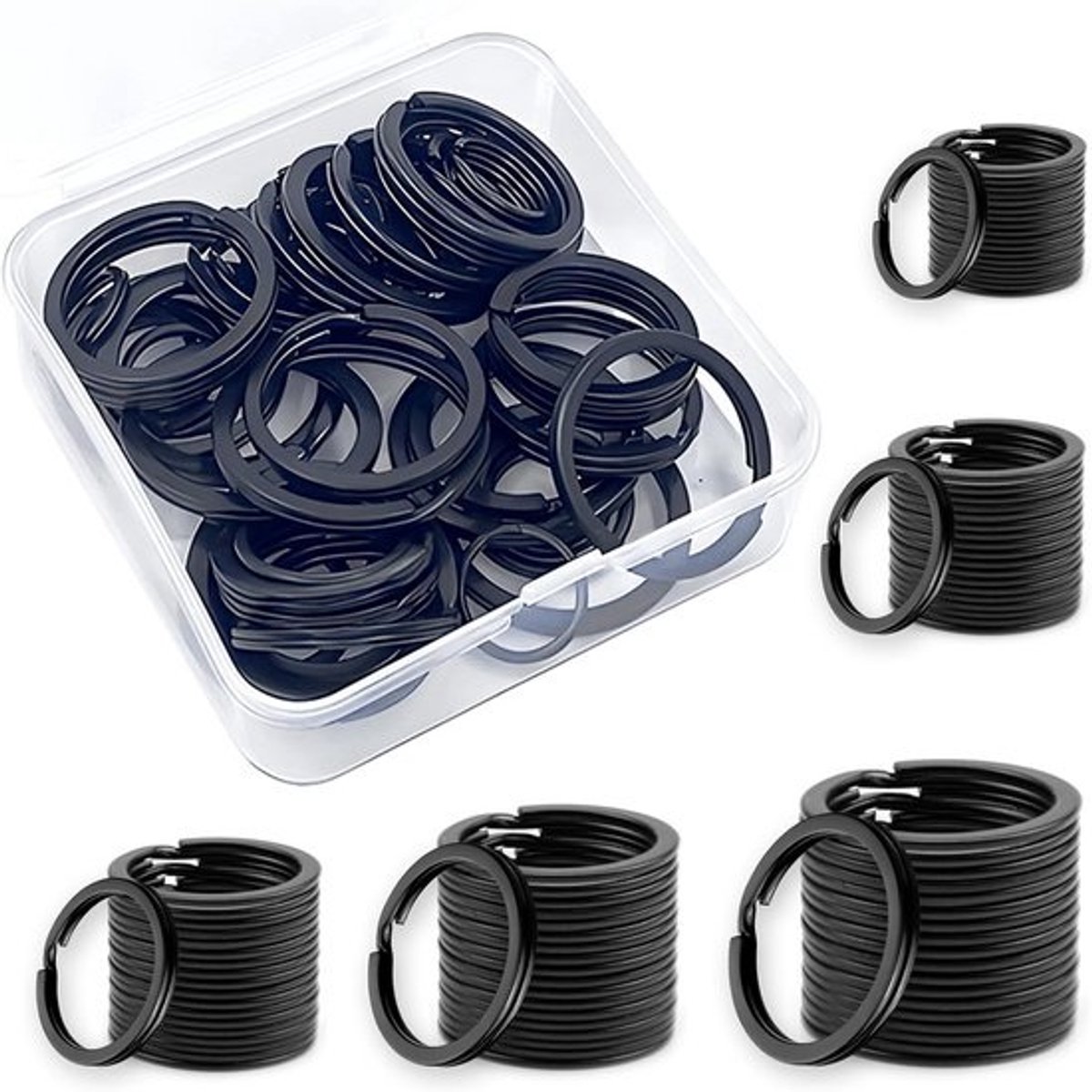 qingmeng Sleutelring, zwart, 50 stuks, sleutelringen, klein, 35 mm/30 mm/25 mm/20 mm/15 mm, sleutelringen, voor het knutselen, sleutelringen voor autosleutels, knutselen