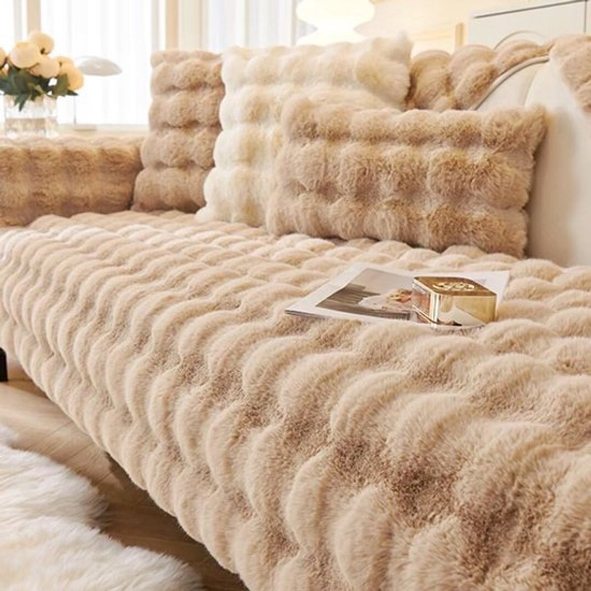 Bunny Plush Sofa Cover L Shape 1 2 3 4 Seater Corner Sofa U Shape Universal Non-Slip Sofa Protector Super Soft Faux Fur Sofa Cover for Living Room