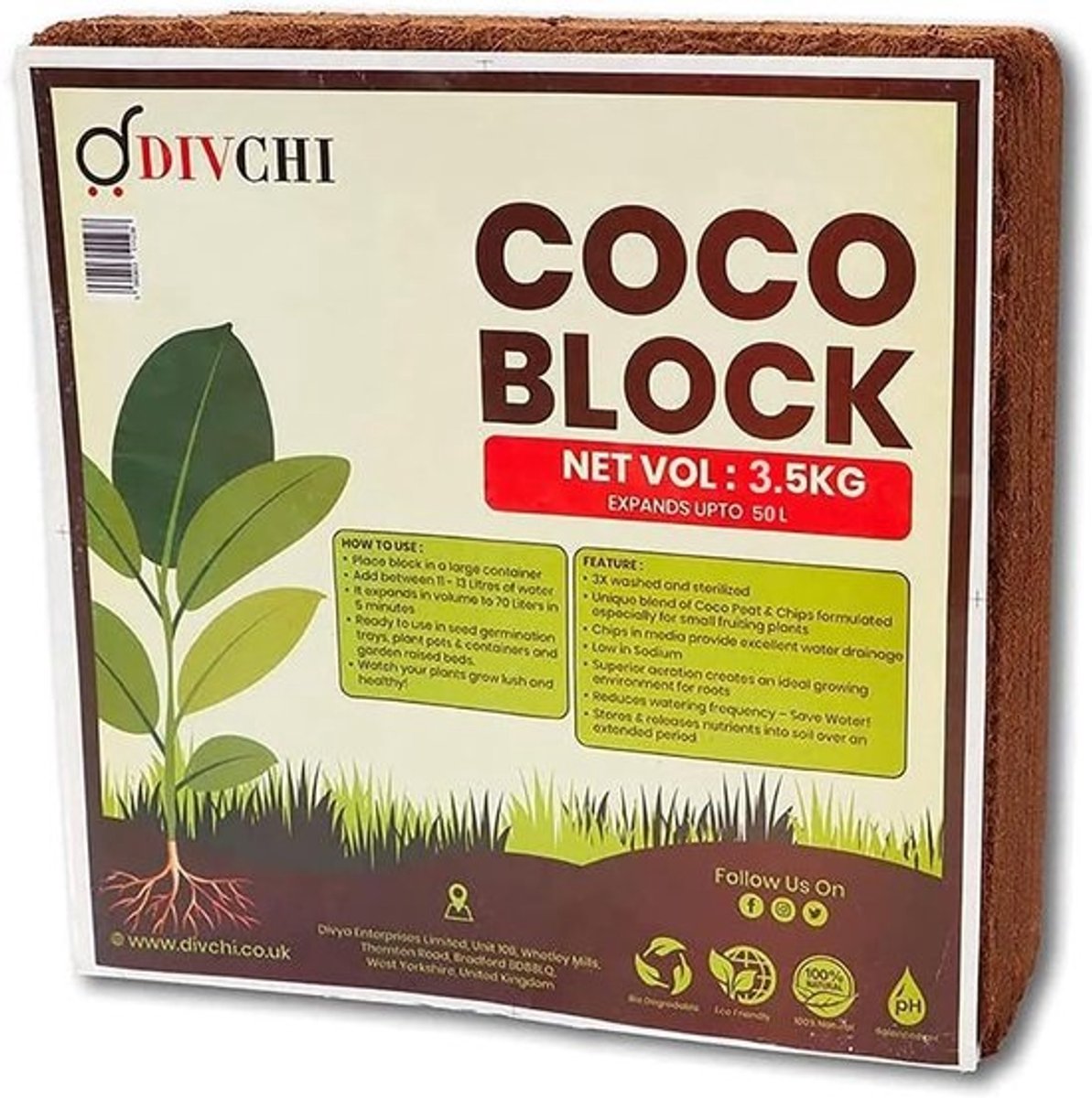 Coco Coir Block 3,5 kg | BIO O | Natuurlijke Kokosvezel | 100% Natuurlijk | Reptielvriendelijk | PH Stabiele Bodem | Hoge Vochtretentie
