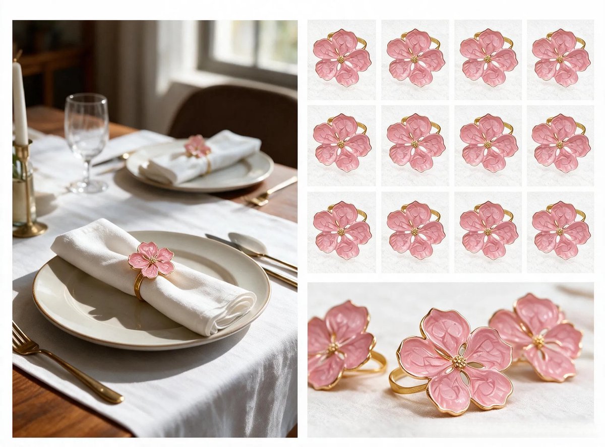 Servetring met 12 stuks - Servetring voor eettafel - Servetring met bloemenmotief - Roze