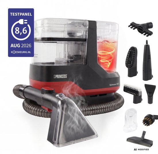 Princess Spotmaster HOT vlekkenreiniger in rood en zwart, met testpanel "8,6 AUG 2026", diverse opzetstukken en slang met mondstuk met stoom.
