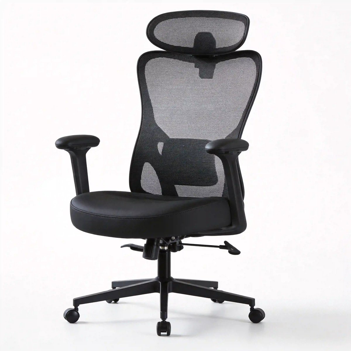 Ergonomische Bureaustoel 70 x 70 x 113-130 cm Zwart, Computerstoel met Ademende Dubbele Stof, Dikke Zitting, Verstelbare Hoofdsteun en Lendensteun, Verstelbare Zitting en Armleuningen, Metalen Onderstel, 150 kg